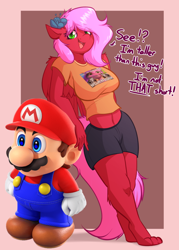 Size: 2696x3760 | Tagged: safe, artist:witchtaunter, imported from derpibooru, pipp petals, oc, anthro, plantigrade anthro, breasts, clothes, commission, dialogue, female, g5, leaning, mario, midriff, pipp is short, shirt, short, shorts, super mario bros., super mario rpg, t-shirt, talking, text, vulgar