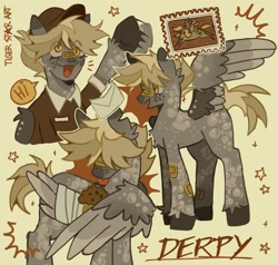 Size: 1473x1400 | Tagged: safe, artist:tigerstar_art, imported from derpibooru, derpy hooves, pegasus, pony, alternate design, alternate hairstyle, alternate tailstyle, bandage, bandaged wing, bandaid, bandaid on nose, blonde mane, blonde tail, cheek fluff, clothes, coat markings, colored, colored eartips, colored hooves, colored muzzle, colored wings, colored wingtips, dappled, dialogue, emanat, eye clipping through hair, eyelashes, female, flat colors, food, freckles, gray coat, hair over eyes, hat, large wings, mailmare, mailmare uniform, mare, muffin, multicolored wings, one wing out, open mouth, open smile, shirt, short mane, short mane derpy hooves, short tail, signature, simple background, smiling, solo, sparkles, speech bubble, spread wings, standing, stars, tail, talking, text, torn ear, triality, uniform, unshorn fetlocks, waving, wing fluff, wings, yellow background, yellow eyes