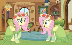 Size: 1280x800 | Tagged: safe, artist:brightstar40k, imported from derpibooru, fluttershy, changeling, pegasus, pony, base used, clothes, coronation dress, disguise, disguised changeling, double, dress, duo, female, flower, flower in hair, fluttershy's cottage, impostor, mare, oh my, open mouth, open smile, smiling, uh oh, worried
