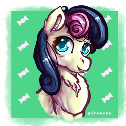 Size: 1280x1280 | Tagged: safe, artist:shakoba, imported from derpibooru, bon bon, sweetie drops, earth pony, pony, adorabon, bust, cute, female, mare, signature, simple background, solo