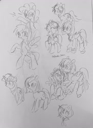 Size: 2046x2805 | Tagged: safe, artist:metaruscarlet, imported from derpibooru, pinkie pie, rainbow dash, twilight sparkle, oc, oc:becky moonlight, oc:metaru scarlet, oc:poniko, oc:rebecca, oc:rokuchan, earth pony, pegasus, pony, unicorn, clothes, cutie mark, flower, flower in hair, folded wings, horn, jewelry, looking at each other, looking at someone, necklace, open mouth, pegasus oc, sailor uniform, smiling, smiling at each other, socks, spread wings, tongue out, traditional art, unicorn oc, unicorn twilight, uniform, wings