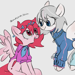 Size: 4096x4096 | Tagged: safe, artist:metaruscarlet, imported from derpibooru, oc, oc only, oc:metaru scarlet, oc:rebecca, pegasus, pony, clothes, cutie mark, flower, flower in hair, flying, gray background, jewelry, looking at each other, looking at someone, necklace, open mouth, pegasus oc, simple background, sitting, socks, spread wings, wings