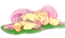 Size: 1495x875 | Tagged: safe, artist:melodylibris, imported from derpibooru, fluttershy, bird, duck, pegasus, pony, chick, colored sketch, female, grass, lying down, mare, prone, sketch, solo