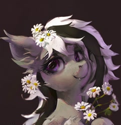 Size: 1929x2000 | Tagged: safe, artist:rvsd, imported from derpibooru, oc, oc only, bat pony, pony, bat pony oc, bat wings, bouquet, bust, commission, daisy (flower), ear fluff, ear tufts, fangs, female, flower, flower in hair, mare, smiling, solo, wings
