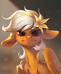 Size: 2500x3000 | Tagged: safe, artist:mithriss, imported from derpibooru, oc, oc only, pegasus, pony, commission, female, floppy ears, flower, flower in hair, indignant, looking at you, mare, simple background, solo