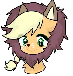 Size: 959x999 | Tagged: safe, artist:侵略项, imported from derpibooru, applejack, earth pony, pony, animal costume, applelion, bust, clothes, costume, female, lion costume, mare, nightmare night costume, portrait, simple background, smiling, solo, sparkly eyes, white background, wingding eyes