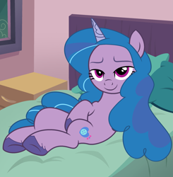 Size: 2363x2410 | Tagged: safe, artist:shieldwingarmorofgod, imported from derpibooru, izzy moonbow, pony, unicorn, bed, bedroom, bedroom eyes, female, g5, g5 to g4, generation leap, hoof on belly, horn, mare, smiling, solo, sultry pose