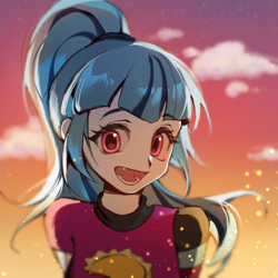 Size: 1200x1200 | Tagged: safe, artist:deadbirdorzcr, imported from derpibooru, sonata dusk, human, equestria girls, afternoon, bust, clothes, cloud, fangs, looking at you, open mouth, outdoors, portrait, shirt, smiling, smiling at you, solo