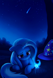 Size: 832x1216 | Tagged: prompter needed, safe, imported from derpibooru, trixie, pony, unicorn, ai content, ai generated, clothes, female, frown, generator:novelai, generator:stable diffusion, glowing, hat, horn, lidded eyes, looking down, mare, night, night sky, outdoors, sad, sky, solo, stars, tree, trixie's hat
