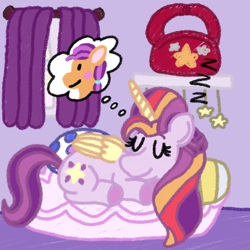 Size: 1200x1200 | Tagged: safe, artist:mintwhistle, imported from derpibooru, sunny starscout, alicorn, earth pony, pony, alicornified, bag, bed, bedroom, blush sticker, blushing, braid, colored hooves, colored horn, colored wings, curtains, dream, duo, duo female, eyes closed, female, folded wings, g5, horn, mare, medibang paint, mother and child, mother and daughter, mother's day, multicolored mane, multicolored tail, onomatopoeia, peaceful, pillow, race swap, saddle bag, shelf, sleeping, sound effects, sunny starscout's mother, tail, thought bubble, two toned tail, velvet starscout, window, wings, zzz