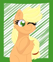 Size: 1632x1927 | Tagged: safe, artist:cinematic-fawn, imported from derpibooru, applejack, earth pony, pony, chest fluff, hatless, missing accessory, one eye closed, solo, wink
