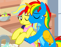 Size: 2079x1578 | Tagged: safe, artist:shieldwingarmorofgod, imported from derpibooru, oc, oc:shield wing, alicorn, pegasus, female, hug, kissing, kitchen, male, mother and child, mother and son, mother's day
