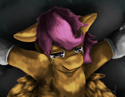Size: 900x697 | Tagged: safe, artist:seiiannakyuako, imported from derpibooru, scootaloo, fanfic:rainbow factory, 2012, absentia, bondage, crying, fanfic art, lineless, solo, unsexy bondage