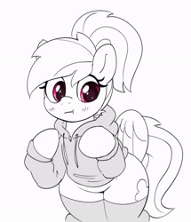 Size: 2227x2590 | Tagged: safe, artist:pabbley, imported from derpibooru, rainbow dash, pegasus, pony, :t, alternate hairstyle, bipedal, blush lines, blushing, clothes, cute, dashabetes, grayscale, hoodie, looking away, monochrome, partial color, ponytail, simple background, socks, solo, thigh highs, white background, wide hips