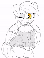 Size: 2144x2822 | Tagged: safe, artist:pabbley, imported from derpibooru, derpy hooves, pegasus, pony, blush lines, blushing, chest fluff, choker, clothes, cute, derpabetes, female, grayscale, heart, heart eyes, mare, monochrome, off shoulder, off shoulder sweater, one eye closed, partial color, simple background, solo, sweater, sweater dress, tongue out, white background, wide hips, wingding eyes, wink