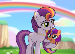 Size: 5994x4370 | Tagged: safe, artist:emeraldblast63, imported from derpibooru, sunny starscout, earth pony, pony, baby, baby pony, cute, female, filly, filly sunny starscout, g5, g5 to g4, generation leap, holding a pony, looking at each other, looking at someone, mare, mother and child, mother and daughter, mother's day, rainbow, smiling, smiling at each other, sunny starscout's mother, sunnybetes, younger
