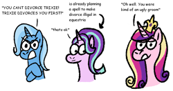 Size: 1227x648 | Tagged: safe, artist:zoeyhorse, imported from derpibooru, princess cadance, starlight glimmer, trixie, alicorn, pony, unicorn, angry, arrow, bust, crossed hooves, dialogue, divorce, female, furrowed brow, horn, lidded eyes, looking away, mare, simple background, talking to viewer, text, trio, trio female, white background