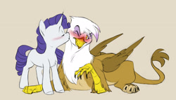 Size: 2048x1174 | Tagged: safe, artist:chub-wub, imported from derpibooru, gilda, rarity, griffon, pony, unicorn, beige background, blushing, cheek kiss, duo, duo female, eyebrows, eyes closed, female, horn, kissing, lesbian, lying down, mare, missing cutie mark, prone, purple mane, purple tail, raised arm, raised eyebrow, rarida, ringlets, shipping, simple background, size difference, standing, tail, unicorn horn, wavy mane, wavy tail, white coat