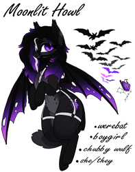 Size: 1500x1900 | Tagged: safe, artist:left4deadd, imported from derpibooru, oc, oc only, oc:moonlit howl, bat pony, bat pony oc, bat wings, boygirl, bridle, colored wings, fangs, gradient wings, harness, nipples on stomach, nonbinary, pale belly, pronouns, purple eyes, reference sheet, slit pupils, tack, torn wings, werebat, wide hips, wings