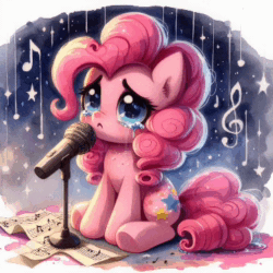 Size: 360x360 | Tagged: safe, artist:rushwave, imported from derpibooru, pinkie pie, earth pony, pony, ai assisted, ai content, ai generated, clothes, crying, dress, generator:dall-e 3, microphone, original song, rvc, sad, singing, solo