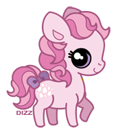 Size: 169x196 | Tagged: safe, artist:dizziness, imported from derpibooru, cotton candy (g1), earth pony, pony, 2010, bow, chibi, colored pinnae, cute, dizziness's chibi ponies, female, g1, looking at you, mare, outline, raised hoof, simple background, solo, standing, tail, tail bow, transparent background