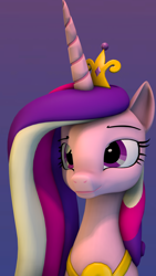 Size: 1152x2048 | Tagged: safe, artist:undeadheaven, imported from twibooru, princess cadance, alicorn, pony, 3d, bust, crown, eyebrows, female, horn, image, jewelry, mare, png, portrait, raised eyebrow, regalia, smiling, solo, source filmmaker