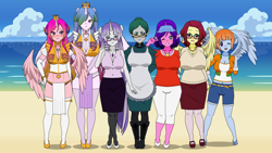 Size: 1366x768 | Tagged: safe, artist:shitsandgiggles, imported from derpibooru, cloudy quartz, cookie crumbles, posey shy, princess cadance, princess celestia, twilight velvet, windy whistles, alicorn, anthro, earth pony, human, pegasus, unicorn, apron, armor, beach, belly button, belly piercing, big breasts, breasts, busty cloudy quartz, busty cookie crumbles, busty posey shy, busty princess cadance, busty princess celestia, busty twilight velvet, busty windy whistles, cleavage, clothes, crown, female, glasses, horn, huge breasts, humanized, jewelry, kisekae, loincloth, mother's day, piercing, regalia, unconvincing armor