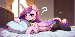 Size: 2400x1200 | Tagged: safe, imported from derpibooru, princess cadance, alicorn, pony, ai content, ai generated, bed, belly, choker, clothes, commission, draw me like one of your french girls, female, looking at someone, looking at you, mare, pet collar, pet play, pony pet, prompter:greesys, question mark, socks, solo, stockings, thigh highs, your character here
