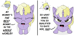 Size: 1698x820 | Tagged: safe, artist:chopsticks, imported from derpibooru, derpy hooves, dinky hooves, pegasus, pony, unicorn, 2 panel comic, angry, blushing, cheek fluff, chest fluff, closed mouth, comic, cute, daughters gonna daughter, dialogue, dinkabetes, duo, duo female, ear fluff, eyes closed, female, filly, foal, horn, looking at you, looking up, looking up at you, madorable, mare, mother and child, mother and daughter, offscreen character, open mouth, pouting, shocked, simple background, smiling, stray strand, talking to viewer, text, unshorn fetlocks, white background
