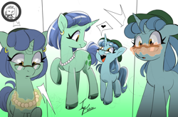 Size: 3840x2520 | Tagged: safe, artist:angrydiaper123, imported from derpibooru, oc, oc only, oc:brussels sprout, oc:spruce sprout, pony, unicorn, duo, duo female, ear piercing, earring, female, filly, foal, glasses, gradient background, high res, horn, jewelry, mare, mother and child, mother and daughter, mother's day, necklace, pearl necklace, piercing