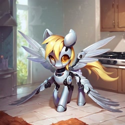Size: 1024x1024 | Tagged: safe, imported from derpibooru, derpy hooves, pony, robot, robot pony, ai content, ai generated, anonymous prompter, four wings, generator:pony diffusion v6 xl, generator:stable diffusion, kitchen, multiple wings, roboticization, wings