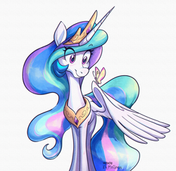 Size: 2572x2500 | Tagged: safe, artist:askometa, imported from derpibooru, princess celestia, alicorn, butterfly, pony, blushing, colored, horn, large wings, multicolored hair, multicolored mane, multicolored tail, simple background, solo, spread wings, tail, white background, wings