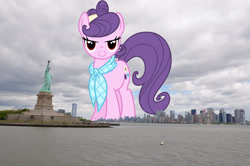 Size: 2294x1524 | Tagged: safe, artist:cheezedoodle96, edit, editor:jaredking779, imported from derpibooru, suri polomare, earth pony, pony, attack on pony, female, giant pony, giantess, highrise ponies, irl, looking at you, macro, manhattan, mare, necktie, new york, new york city, photo, ponies in real life, red eyes, smiling, solo, statue of liberty, story included