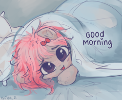 Size: 2100x1733 | Tagged: safe, artist:krista-21, imported from derpibooru, oc, oc:krista pebble, earth pony, pony, bed hair, bed mane, bedroom eyes, blushing, bow, cute, female, freckles, hiding, lying down, messy mane, morning ponies, open mouth, open smile, pillow, simple background, smiling, solo, squishy cheeks