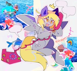 Size: 1506x1377 | Tagged: safe, artist:emoboy130, imported from derpibooru, derpy hooves, fish, goldfish, pegasus, pony, :3, abstract background, bandaid, blonde mane, blonde tail, bubble, colored pinnae, derp, ear fluff, emanata, eye clipping through hair, eyelashes, female, fins, fish tail, gray coat, hoof hold, long mane, long tail, mare, ocean, open mouth, open smile, phone, rotary phone, scales, shiny mane, shiny tail, shrunken pupils, signature, sitting, smiling, solo, speech bubble, spread wings, swimming, tail, talking, underwater, water, wingding eyes, wings, yellow eyes