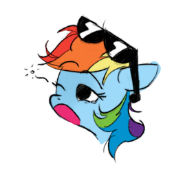 Size: 2560x2560 | Tagged: safe, artist:sketchy-pones, imported from derpibooru, rainbow dash, pegasus, pony, bust, disembodied head, eyebrows, eyebrows visible through hair, female, floppy ears, high res, mare, one eye closed, simple background, sleepy, solo, sunglasses, sunglasses on head, white background, yawn