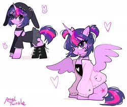 Size: 2048x1726 | Tagged: safe, artist:petaltwinkle, imported from derpibooru, twilight sparkle, alicorn, pony, unicorn, alternate clothes, alternate hairstyle, blushing, bobcut, choker, clothes, cross, cute, duality, e-girl, ear blush, ear piercing, earring, eye clipping through hair, eyelashes, fangs, female, floating heart, hairclip, hat, heart, heart choker, heart mark, hoodie, hoof boots, hooped earrings, horn, inverted cross, jewelry, looking at you, makeup, mare, multicolored mane, multicolored tail, one eye closed, piercing, pigtails, purple coat, purple eyes, rabbit hat, shadow, shiny eyes, shiny mane, shiny tail, shirt, short hair, short mane twilight sparkle, signature, simple background, sitting, skirt, smiling, smiling at you, spread wings, standing, tail, tanktop, tied mane, twiabetes, twilight sparkle (alicorn), unicorn horn, unicorn twilight, white background, wingding eyes, wings, wink