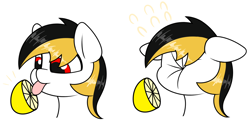 Size: 1800x900 | Tagged: safe, artist:cdrspark, imported from derpibooru, oc, oc only, oc:spark apocalypse, pegasus, pony, female, food, lemon, lemon meme, licking, meme, pegasus oc, scrunchy face, silly, silly pony, solo, tongue out, wings