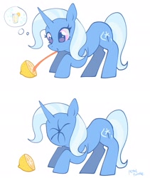 Size: 1726x2048 | Tagged: safe, artist:petaltwinkle, imported from derpibooru, trixie, pony, unicorn, 2 panel comic, :p, bent over, blue coat, blue mane, blue tail, cartoon physics, comic, cute, diatrixes, eyelashes, female, food, horn, juice, leaning forward, lemon, lemon meme, lemon slice, lemonade, licking, long mane, long tail, long tongue, mare, meme, pink eyes, puckered face, scrunchy face, shiny eyes, silly, silly pony, simple background, smiling, solo, sour, tail, thinking, thought bubble, tongue out, two toned mane, two toned tail, unicorn horn, wavy mane, wavy tail, white background