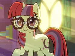 Size: 800x600 | Tagged: safe, artist:rangelost, imported from derpibooru, moondancer, unicorn, cyoa:d20 pony, cyoa, first person view, glasses, horn, looking at you, offscreen character, pov, solo, story included, sunlight, window