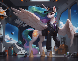 Size: 1144x896 | Tagged: safe, imported from derpibooru, princess celestia, alicorn, pony, ai content, ai generated, anonymous prompter, clothes, generator:pony diffusion v6 xl, generator:stable diffusion, space, spaceship, spread wings, suit, wings
