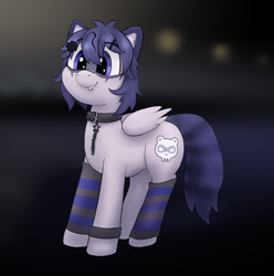 Size: 2476x2500 | Tagged: safe, artist:lupin quill, imported from derpibooru, oc, oc only, oc:snuffy, pegasus, pony, choker, clothes, collar, ear piercing, fangs, jewelry, leash, lip piercing, piercing, smiling, socks, solo, striped socks, striped tail, tail, vtuber, wings, wristband