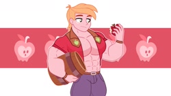 Size: 2000x1125 | Tagged: safe, artist:orin331, imported from derpibooru, big macintosh, equestria girls, abs, alternate body style, alternate color palette, apple, barrel, belt, biceps, closed mouth, clothes, crotch bulge, cutie mark, cutie mark background, cutie mark on clothes, food, freckles, looking at something, male, muscles, muscular male, open clothes, open shirt, pants, pecs, pockets, solo, tight clothing, wristband