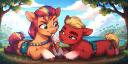 Size: 1280x640 | Tagged: safe, imported from derpibooru, sprout cloverleaf, sunny starscout, earth pony, pony, :p, ai content, ai generated, cute, duo, duo male and female, eating, female, food, forest, g5, hair, ice cream, lake, looking at each other, looking at someone, love, male, mane stripe sunny, mare, nature, prompter:oranzinispegasiukas, prompter:truesprout, romance, romantic, shipping, sky, sproutbetes, straight, sunnyclover, tail, tongue out, tree, water