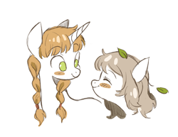 Size: 2076x1600 | Tagged: safe, artist:sketchy-pones, imported from derpibooru, pony, unicorn, blush sticker, blushing, bust, dungeon meshi, eyes closed, falin touden, female, horn, leaves, looking at each other, looking at someone, marcille donato, mare, ponified, simple background, smiling, smiling at each other, white background