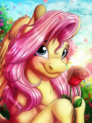 Size: 3000x4000 | Tagged: safe, artist:lupiarts, imported from derpibooru, fluttershy, butterfly, pegasus, pony, bust, cherry blossoms, cute, female, flower, flower blossom, garden, high res, portrait, rose, solo, solo female