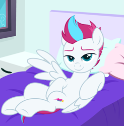 Size: 3547x3600 | Tagged: safe, artist:ramixe dash, imported from derpibooru, zipp storm, pegasus, pony, base used, bed, bedroom, female, g5, g5 to g4, generation leap, looking at you, mare, pillow, smiling, smiling at you, solo