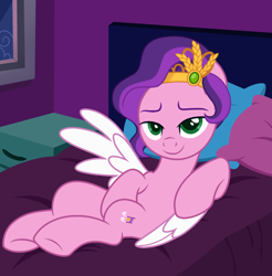 Size: 3547x3600 | Tagged: safe, artist:ramixe dash, imported from derpibooru, pipp petals, pegasus, pony, base used, bed, bedroom, female, g5, g5 to g4, generation leap, looking at you, mare, pillow, smiling, smiling at you, solo