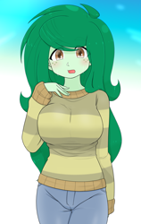 Size: 1657x2630 | Tagged: safe, artist:batipin, imported from derpibooru, wallflower blush, human, equestria girls, blushing, breasts, busty wallflower blush, clothes, freckles, looking at you, open mouth, sweater