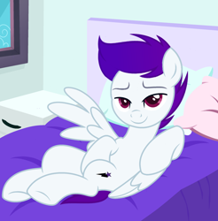 Size: 3548x3600 | Tagged: safe, artist:ramixe dash, imported from derpibooru, oc, oc only, oc:ramixe dash, pegasus, pony, base used, bed, bedroom, g5, g5 to g4, generation leap, gradient mane, looking at you, male, pillow, purple mane, smiling, smiling at you, solo, stallion